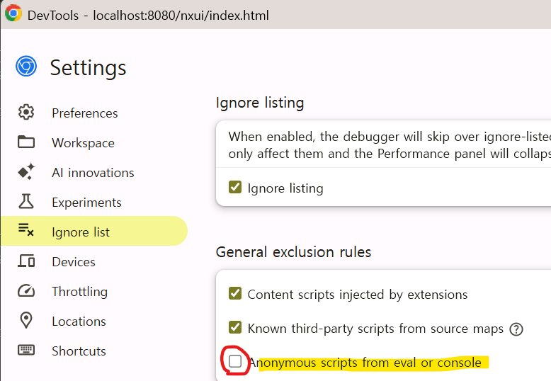 크롬 개발자도구 설정의 Ignore list 에서 Anonymous scripts from eval or console 항목
